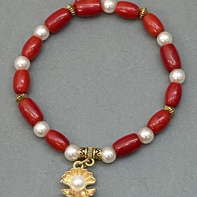 Natural Coral Barrel Bracelet 10x6.5mm, Majorca Pearls 6mm, with metal inserts, length ~18 cm, stretch