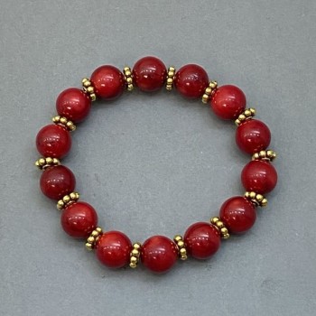 Natural Coral Bead Bracelet with Metal Inserts, 10mm Beads, Elastic, Length 18mm ±