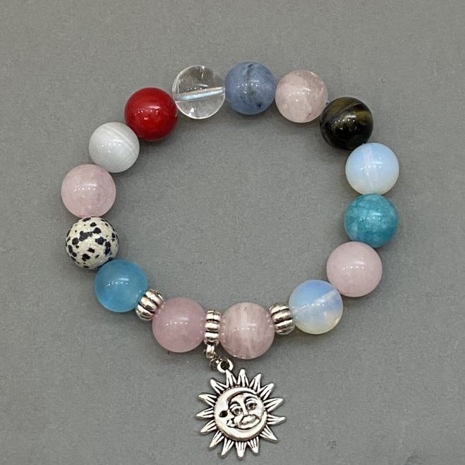 Assorted Bracelet (Aquamarine, Moonstone, Cat's Eye) Beads, 12mm diameter, 18 cm length, stretch