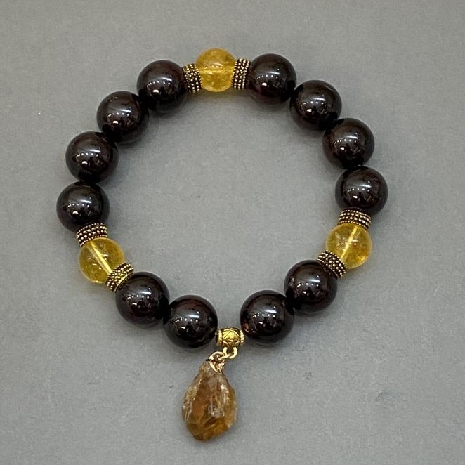 Garnet Bead Bracelet, 12 mm diameter ±, Citrine Bead 10 mm ±, length 18 cm ±, stretch