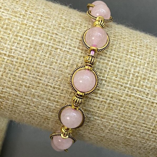 Pink Quartz Bracelet with Smooth Beads 8.5 mm ± with Metal Inlays, Length 18 cm Stretch