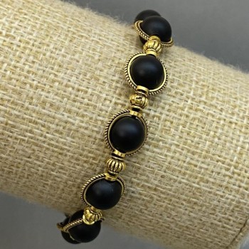 Shungite bracelet with smooth beads, diameter about 8 mm, with metal inserts, length about 18 cm, stretch