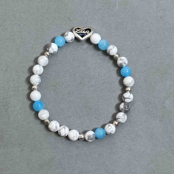Bracelet with Howlite and Aquamarine Beads, 6 mm, with Metal Inlays, Length approx. 18 cm, Stretch