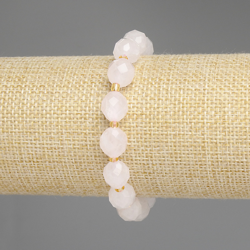 Rose Quartz Bracelet with Faceted Beads, approximately 10×9 mm, 3 mm Seed Beads, length 18 cm, elastic