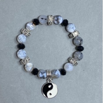 Bracelet Dragon Vein Agate Bead, 10 mm diameter ±, Czech Crystal Rondelle 8x6 mm ±, length 18 cm ± stretch