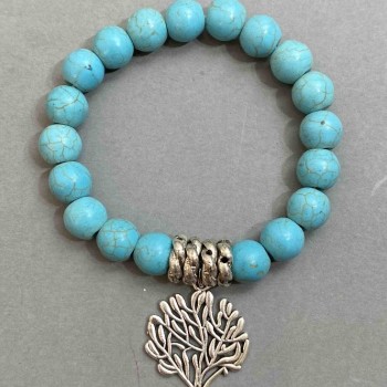 Turquoise bead bracelet 10 mm +/- with pendant "Tree", 18 cm circumference on elastic