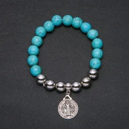 Turquoise bead bracelet 10 mm ± with pendant "Saint Benedict", 18 cm circumference on elastic