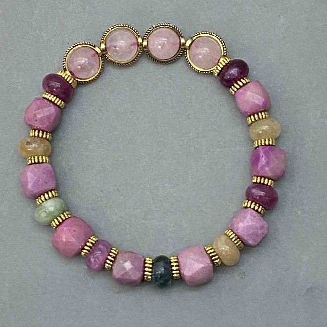 Bracelet with Pink Quartz Beads 8.5mm, Phosphosiderite Cubes 9mm, Tourmaline Rondelles 8x5mm, 18 cm stretch