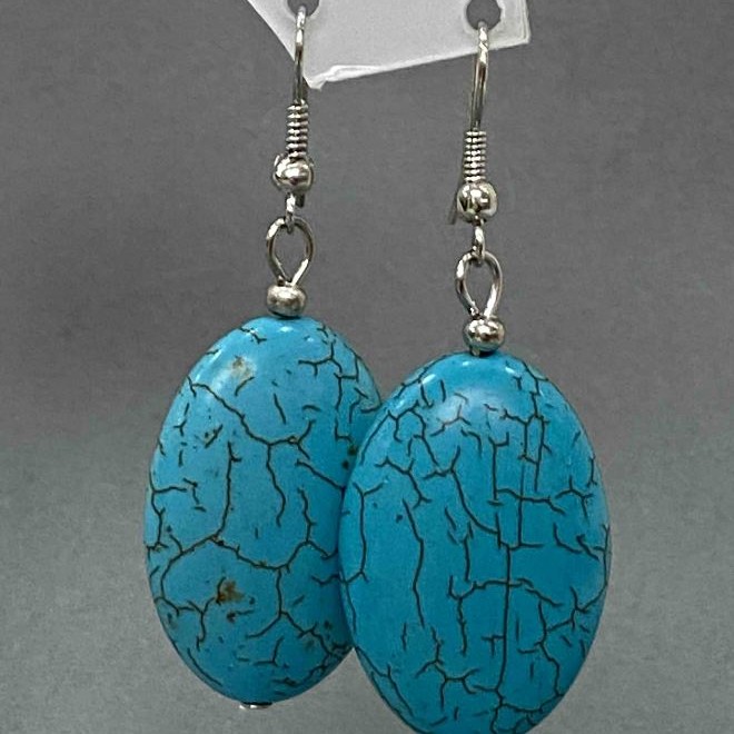 Drop earrings with oval smooth cabochons in turquoise, 21x55mm+