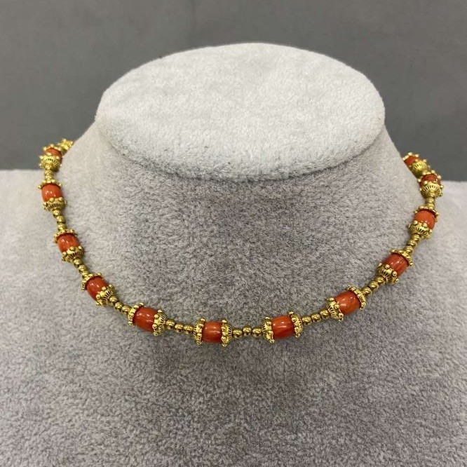 Coral Barrel Choker 6x4.5 mm, Hematite Bead 2 mm, Length 38 cm with 5 cm Extender Chain