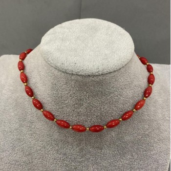 Choker with Coral Bead 10x5mm +- Hematite Bead 2mm +-, Length 38cm Extender Chain +5cm