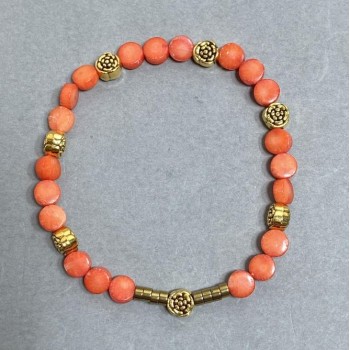Bracelet Coral Coin 6mm +/- with Metal Inserts, Length 18mm +/- Stretch