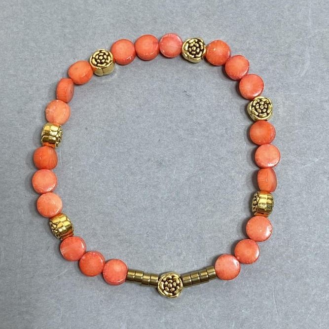 Bracelet Coral Coin 6mm +/- with Metal Inserts, Length 18mm +/- Stretch