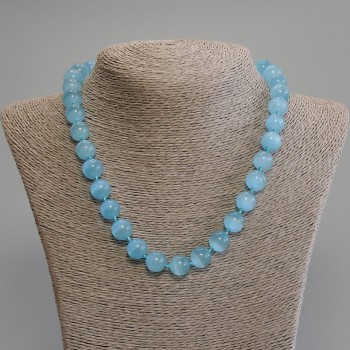 Cat's Eye Necklace in Blue, Smooth Beads, 11 mm Diameter, 50 cm Length with Clasp