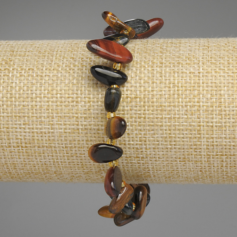Bracelet of Tiger's Eye, Bull's Eye, and Falcon's Eye with butterfly pebble beads, diameter 10-15x5-7 mm, length 18 cm, stretch