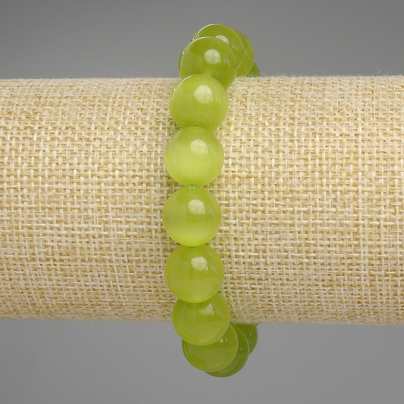 Cat's Eye Bracelet Olive Smooth Bead, 11.5 mm diameter, 18 cm length, stretch