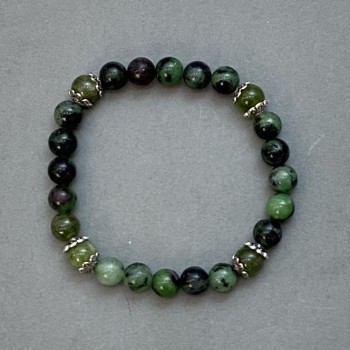 Bracelet Zoisite and Jadeite Beads 8mm +/- with metal inserts, length 18cm (stretch)