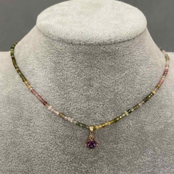 Tourmaline necklace with faceted cubes 2x2 mm, pendant 14x6 mm, length 42 cm + 5 cm extension chain