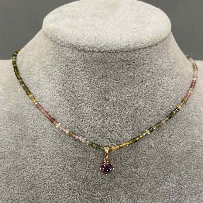 Tourmaline necklace with faceted cubes 2x2 mm, pendant 14x6 mm, length 42 cm + 5 cm extension chain