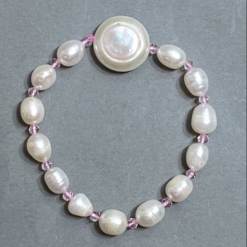 Bracelet of freshwater pearls 9-10×7-8, 5mm±, baroque pearl 18mm±, seed beads 3mm±, length 18mm±, stretch