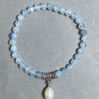 Bracelet Aquamarine with Faceted Bead 6mm +/- Pearl Pendant 11x8mm +/-, Length 18mm +/- Elastic