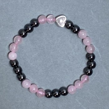 Bracelet with Pink Quartz and Hematite Beads 6mm ± with Metal Inlay, Length 18 cm ± Stretch