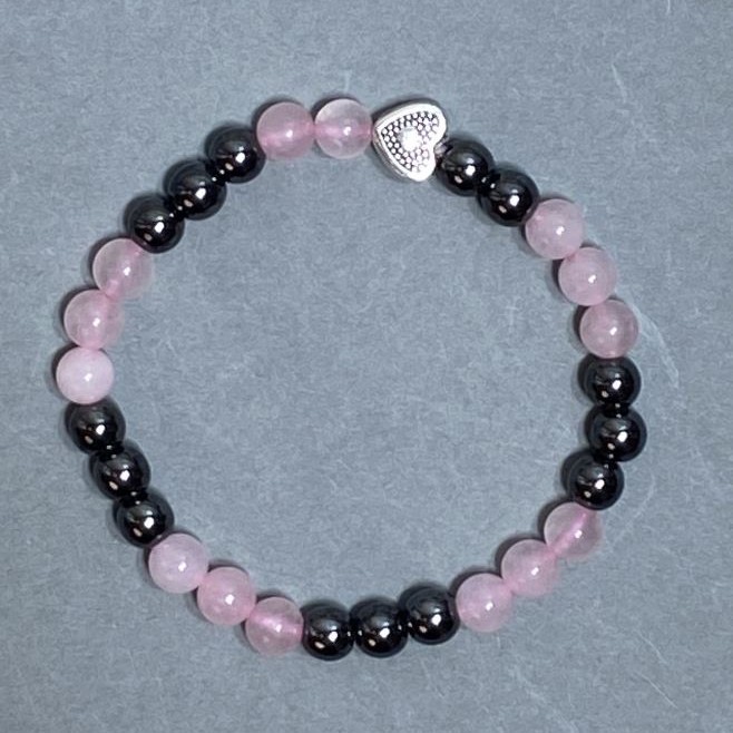 Bracelet with Pink Quartz and Hematite Beads 6mm ± with Metal Inlay, Length 18 cm ± Stretch