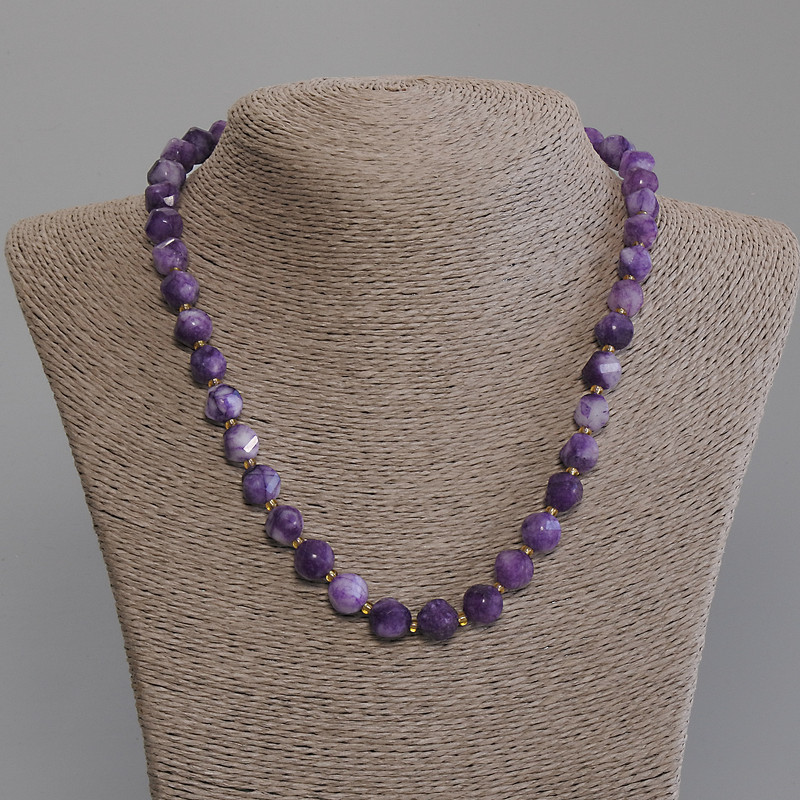 Sugilite Necklace with Faceted Beads, 10x9 mm diameter ±, 3 mm seed beads ±, length 45 mm ± with clasp