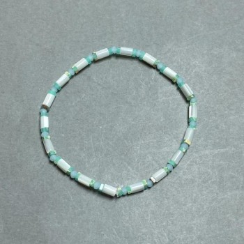 Bracelet with Mother-of-Pearl Cylinders 5x3mm +/- and Variscite Rondelles 2.5x1mm +/-; Length 18cm +/- Stretch