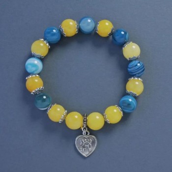 Yellow-Blue Agate and Citrine Bracelet (Imitation), Smooth Beads, 10 mm Diameter, 18 cm Length, Stretch with Heart Pendant
