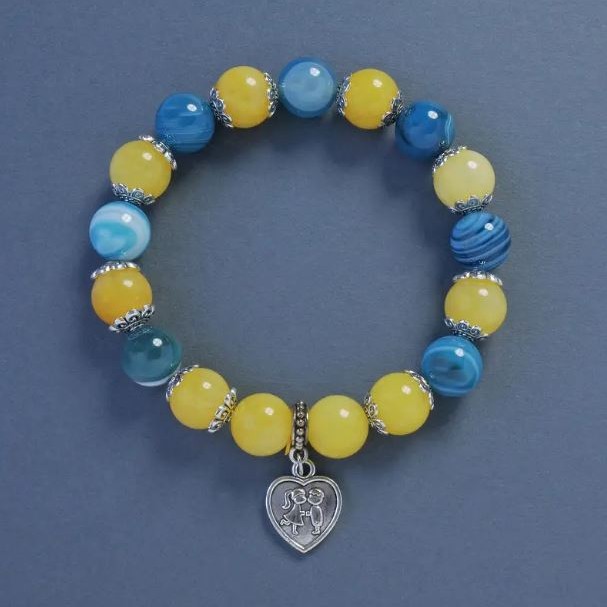 Yellow-Blue Agate and Citrine Bracelet (Imitation), Smooth Beads, 10 mm Diameter, 18 cm Length, Stretch with Heart Pendant