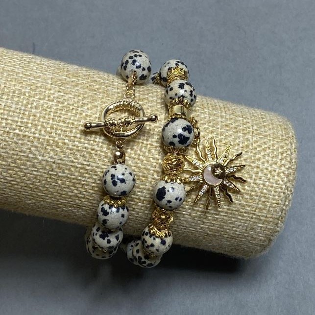 Set of Dalmatian Jasper Bead Bracelets – 10 mm Beads, Length About 20 cm