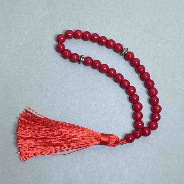 Tourmaline prayer beads, 33 beads, 8 mm diameter, with metal inlays