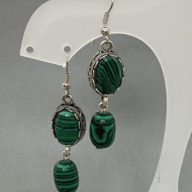 Malachite Oval Earrings in a Bezel Setting, 17×13 mm ±, Barrel 15×9.5 mm ±, Length 55 mm ±