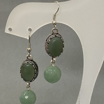 Nephrite Earrings, Oval in Bezel Setting, 15x12 mm +/-; Faceted Ball 12 mm +/-; Length about 55 mm.