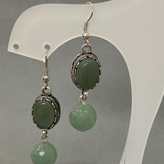 Nephrite Earrings, Oval in Bezel Setting, 15x12 mm +/-; Faceted Ball 12 mm +/-; Length about 55 mm.
