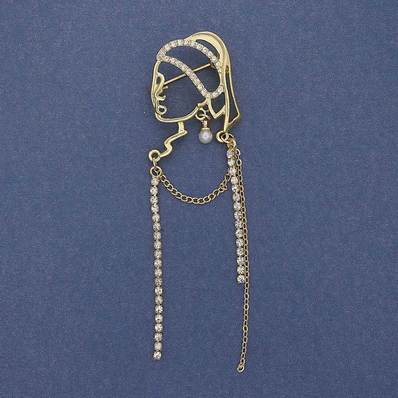 Brooch 'Girl with a Pearl Earring' with white crystals, gold-tone metal, 85×24 mm+