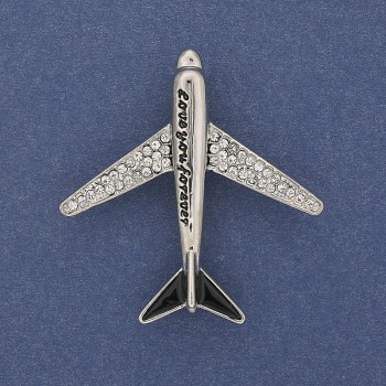 Brooch Plane with White Crystals in Silver-Colored Metal 43x40mm+
