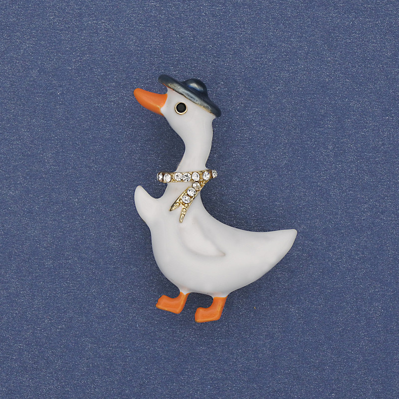 Goose Brooch with Colored Enamel and White Crystals, Gold-Tone Metal, 40×23 mm+