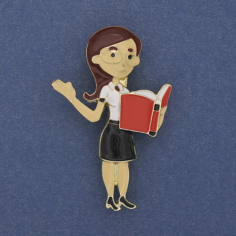 Brooch 'Teacher' with colored enamel and gold-tone metal 52×33mm+