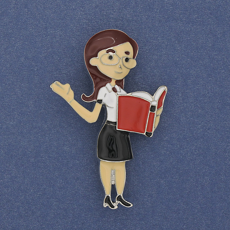 Brooch 'Teacher' with Colorful Enamel, Silver-Toned Metal 52×33 mm+