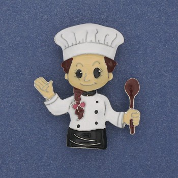 Chef Brooch with Colored Enamel, Silver Metal, 45×38 mm+