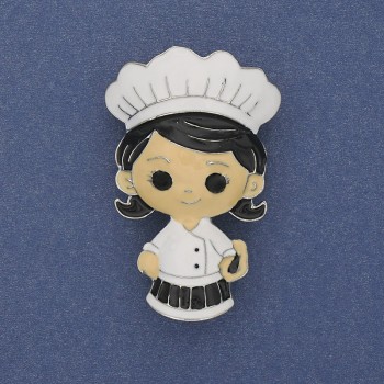 Chef Brooch with Colored Enamel, Silver-Tone Metal, 46×27 mm+