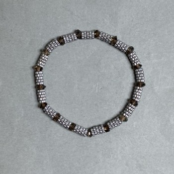 Hematite Rondelle Flower Bracelet 5×1.5 mm ± Smoky Quartz Rondelle 5.5×3 mm ±, 18 cm Stretch