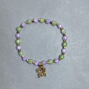 Bracelet with Lavender Amethyst and Chrysolite Olivine, Faceted Cubes 5mm +/- Hematite Cubes 3mm +/-, 18 cm Stretch