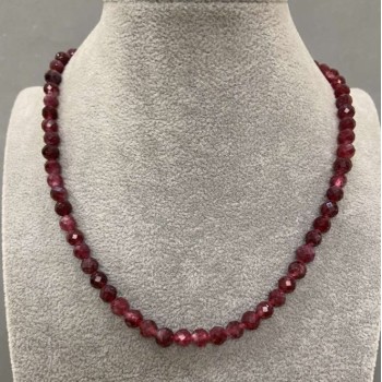 Tourmaline Rubellite Necklace with Faceted Round Beads, 6 mm Diameter, 40 cm Length with 5 cm Extender Chain