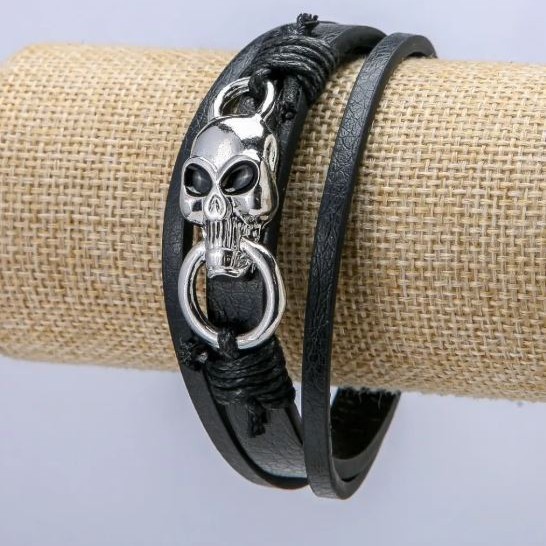 Men's bracelet in black eco-leather, 10.5 mm thick, silver insert, length 21 cm