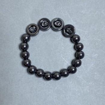 Hematite Bead Bracelet, 10 mm diameter ±, Skull in Circle, 14 mm diameter ±, 18 cm stretch