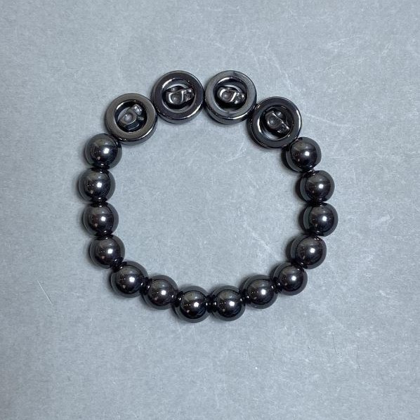 Hematite Bead Bracelet, 10 mm diameter ±, Skull in Circle, 14 mm diameter ±, 18 cm stretch