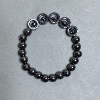 Hematite Bead Bracelet, 8 mm Diameter, Skull-in-Circle Accent 11.5 mm, 18 cm stretch